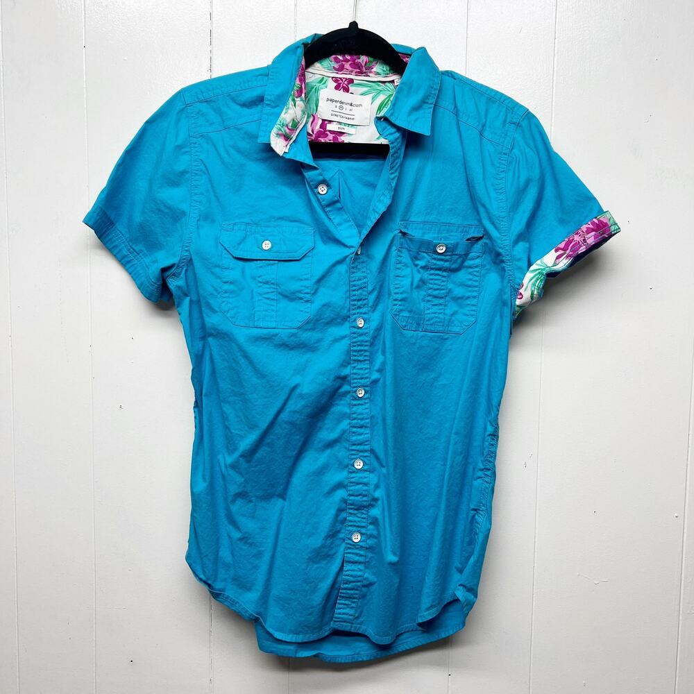 Paper Denim & Cloth Button Down Short Sleeve Women's Blue Shirt Size Medium Slim